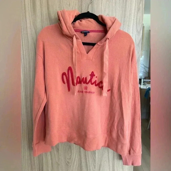 NAUTICA JEANS CO. CHENILLE LOGO HOODIE Large peach orange so soft - Picture 2 of 7